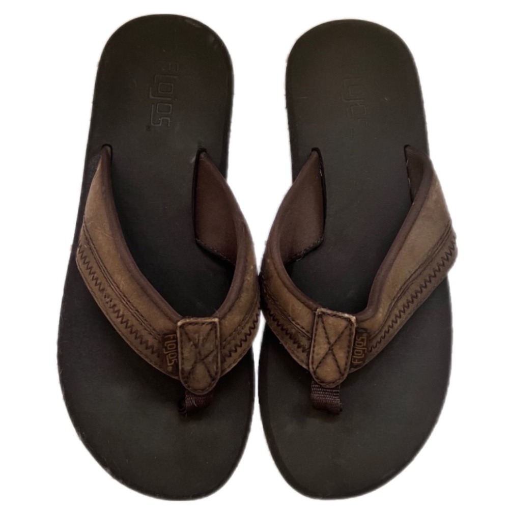 Flojos Flip Flop Sandals Brown Faux Leather Comfort Beach Shoes Size 11.5in